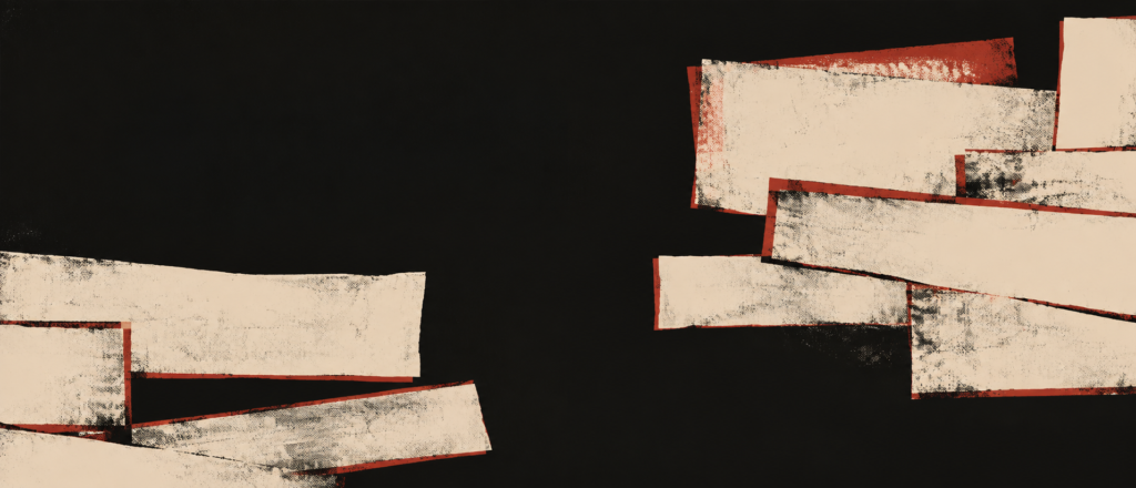 Two irregular clusters of blank paper strips in bone and red