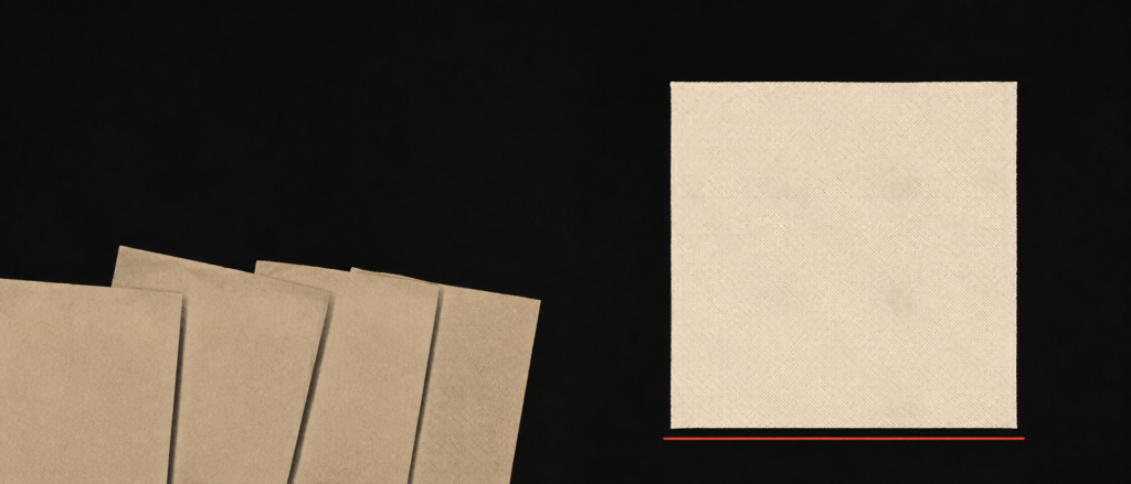 One blank square record sleeve shape standing apart from a tight cluster of smaller blank squares, in a bone, black and red screenprint illustration
