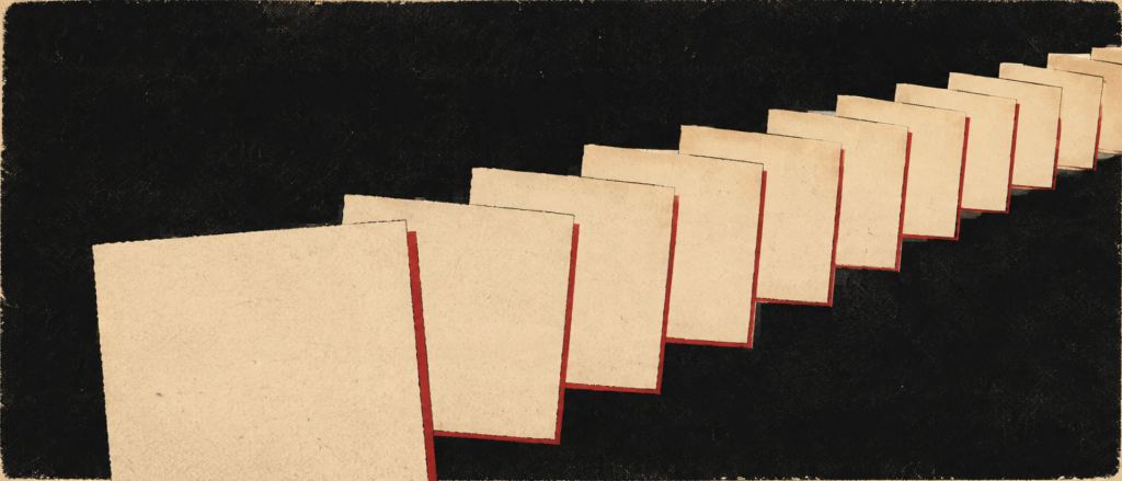 A diagonal sequence of blank paper sleeves on a black field