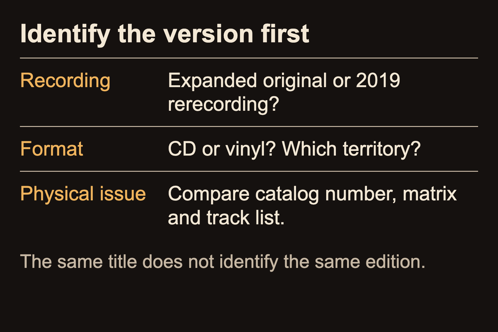 Identification sequence: recording version, physical format, then catalog number and matrix