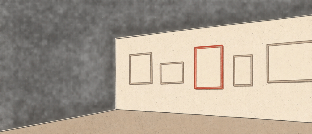 An empty outlined room with five blank rectangles hung on the wall, in a bone, black and red screenprint illustration