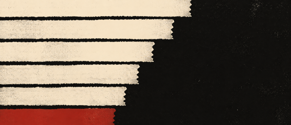 Layered torn paper strips in bone and red on a black field