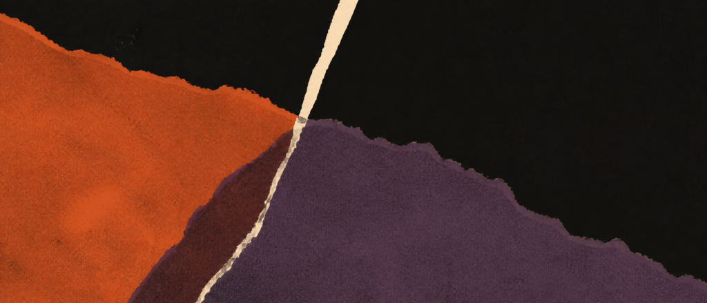 Abstract orange and purple paper fields crossed by a narrow bone-coloured strip