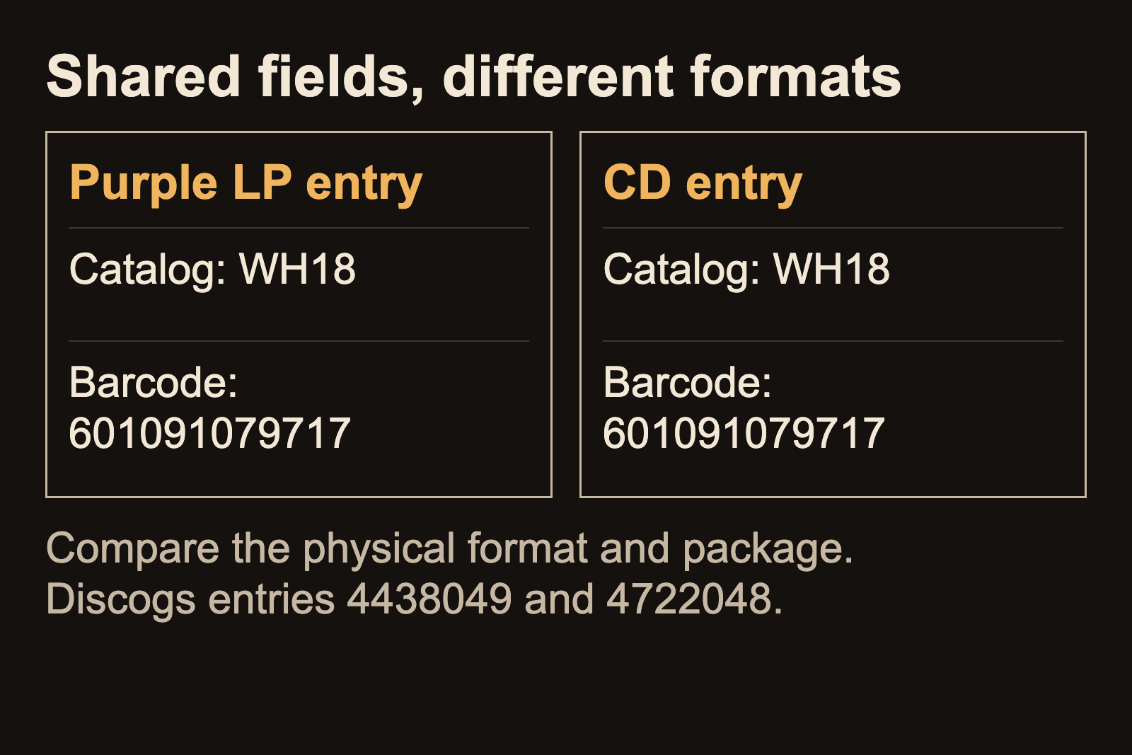 The same WH18 catalog number and 601091079717 barcode are entered for a purple LP and a CD