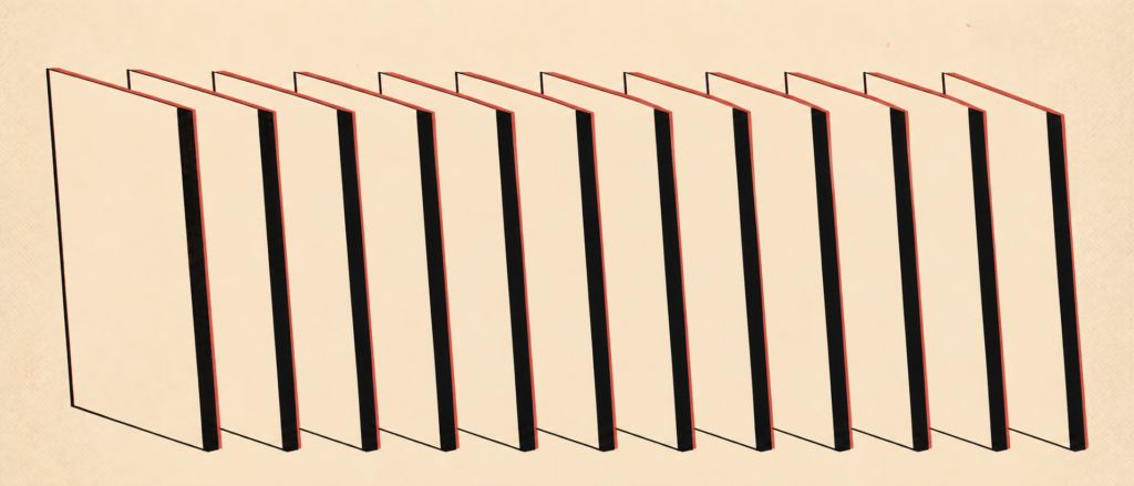 Twelve blank record sleeves in a bone, black and red screenprint illustration