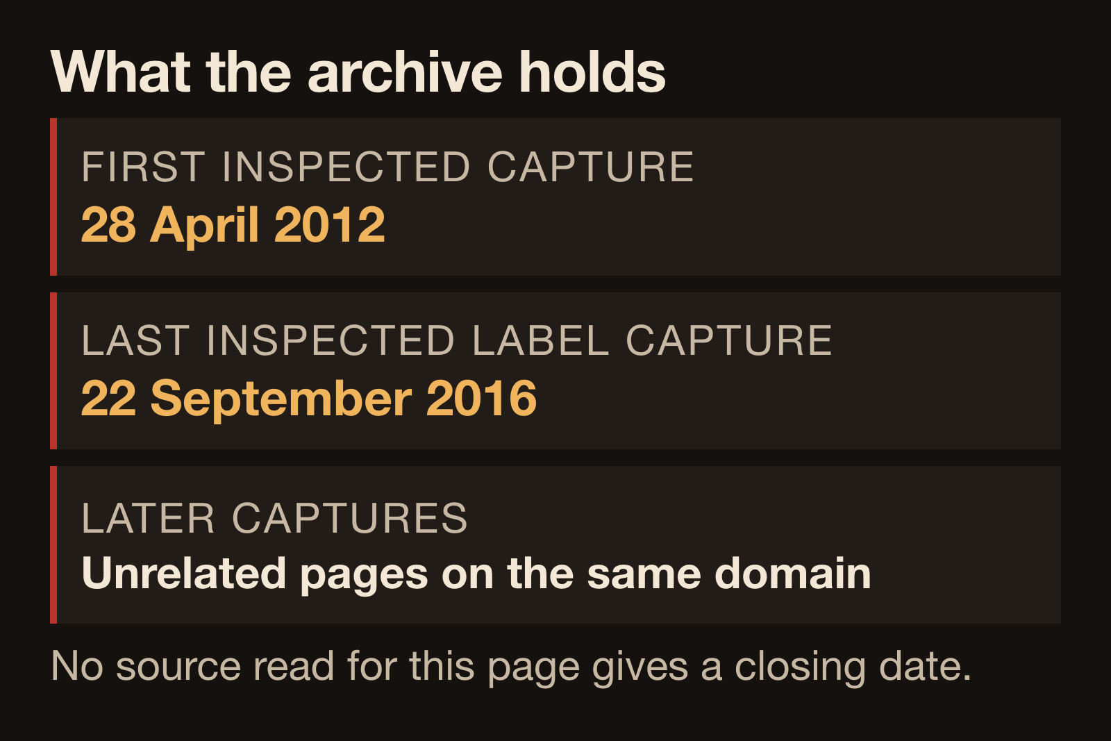 Diagram of the Internet Archive capture window for the Staple Records site, first capture April 2012, last label capture September 2016, later captures unrelated