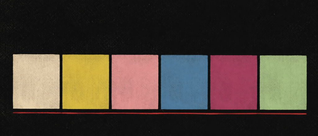 Six blank coloured paper jacket shapes in an original screenprint illustration