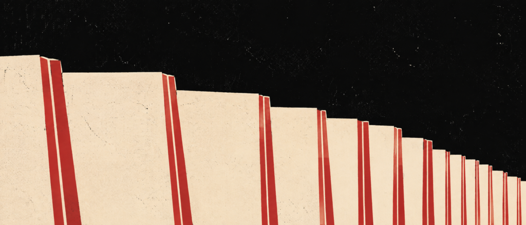 Blank bone-coloured sleeves with red edges receding across a black field