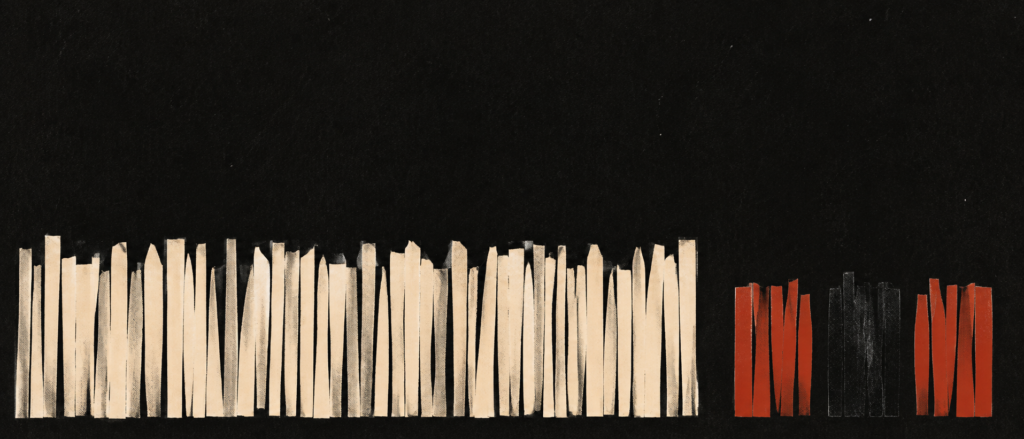 Abstract groups of narrow paper strips in bone and red on black